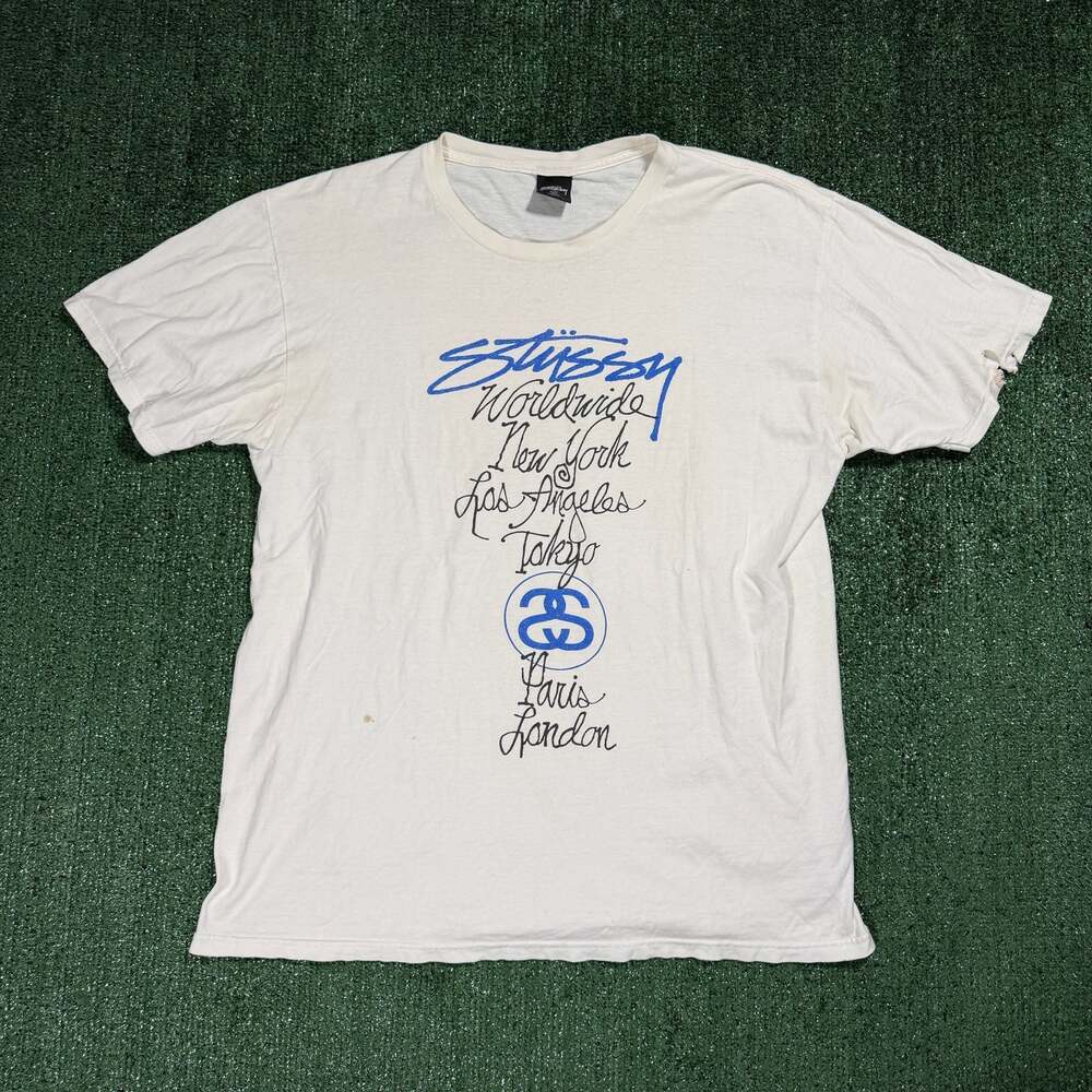 Y2K Stussy Worldwide Tour T-Shirt White Large Distressed